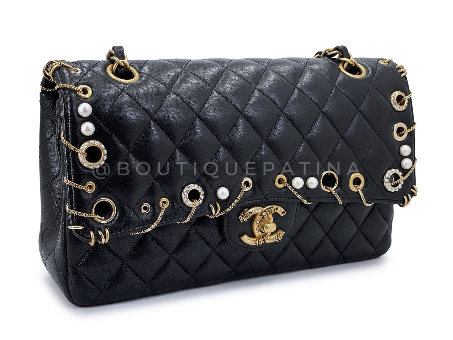 Chanel 2019 Piercing Charms Black Medium Classic Double Flap Bag GHW Q90
