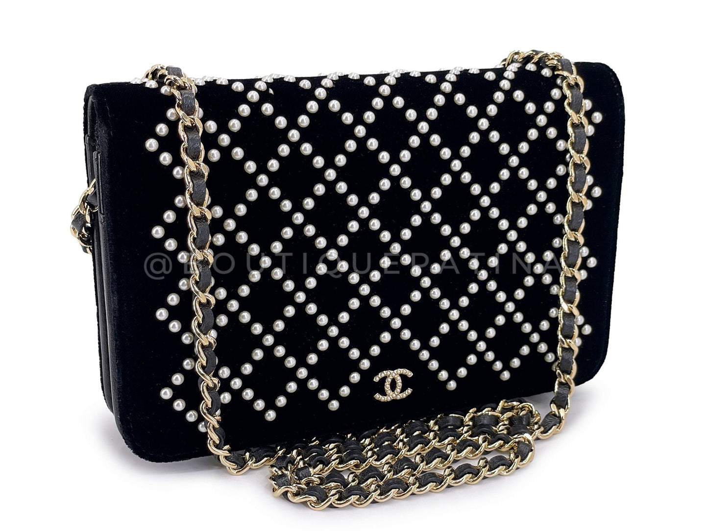 Chanel Black Velvet Pearl Studded Wallet on Chain WOC Evening Bag GHW X3O