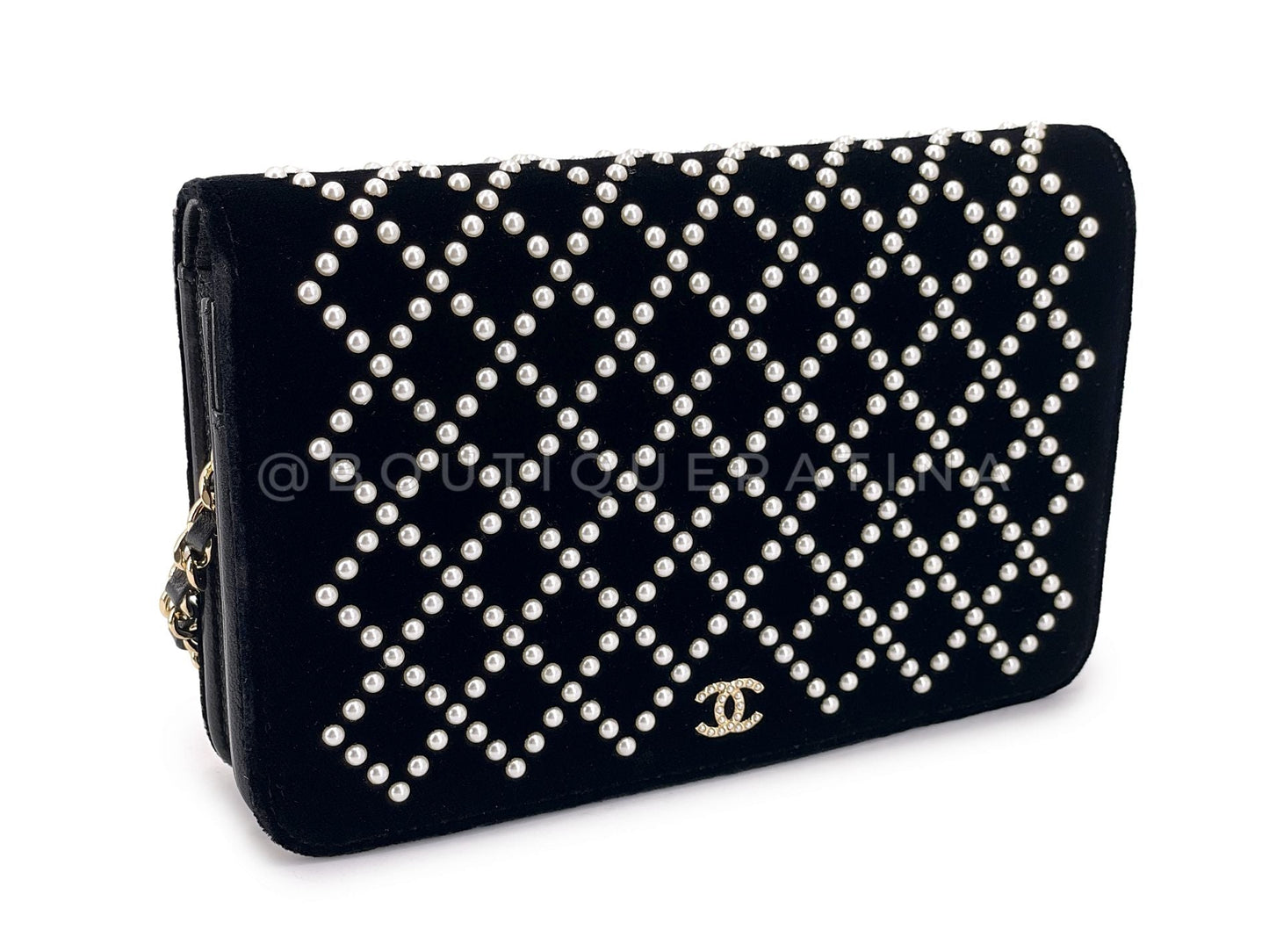 Chanel Black Velvet Pearl Studded Wallet on Chain WOC Evening Bag GHW X3O