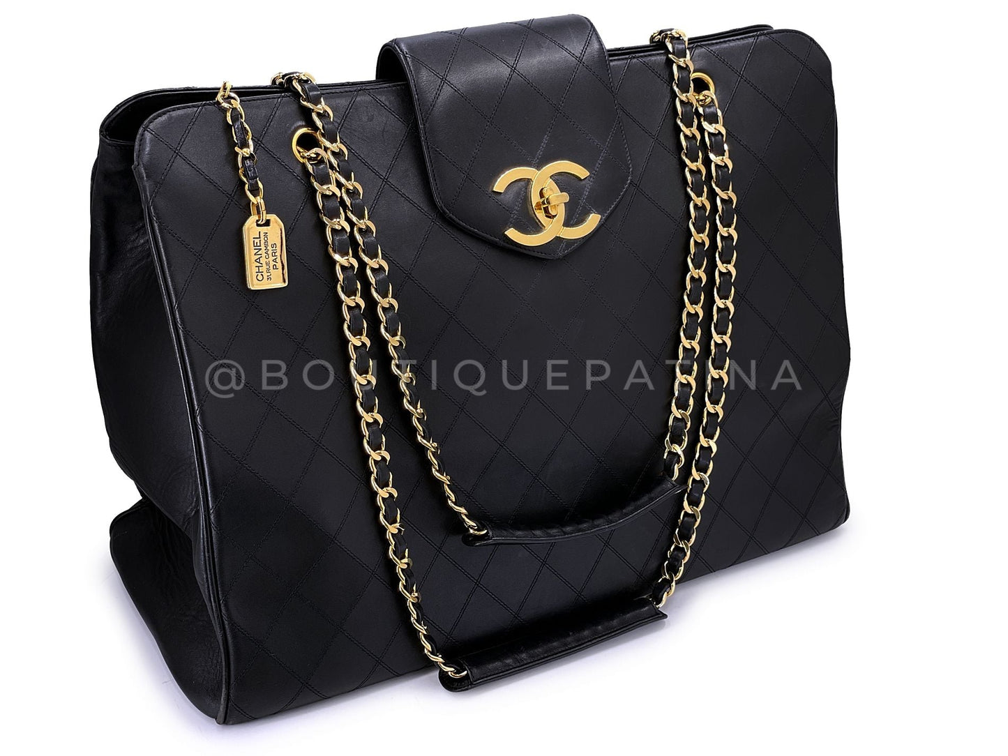 Chanel Vintage Supermodel Tote Bag 1993 Black Quilted XL Weekender 24k GHW WR2