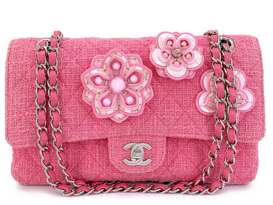 Chanel 16C Pink Tweed Crystal Sakura Flower Classic Medium Double Flap Bag Silicone SHW LPX