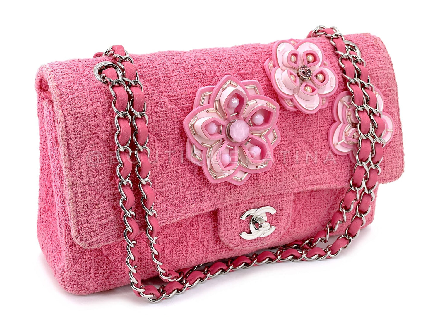 Chanel 16C Pink Tweed Crystal Sakura Flower Classic Medium Double Flap Bag Silicone SHW LPX