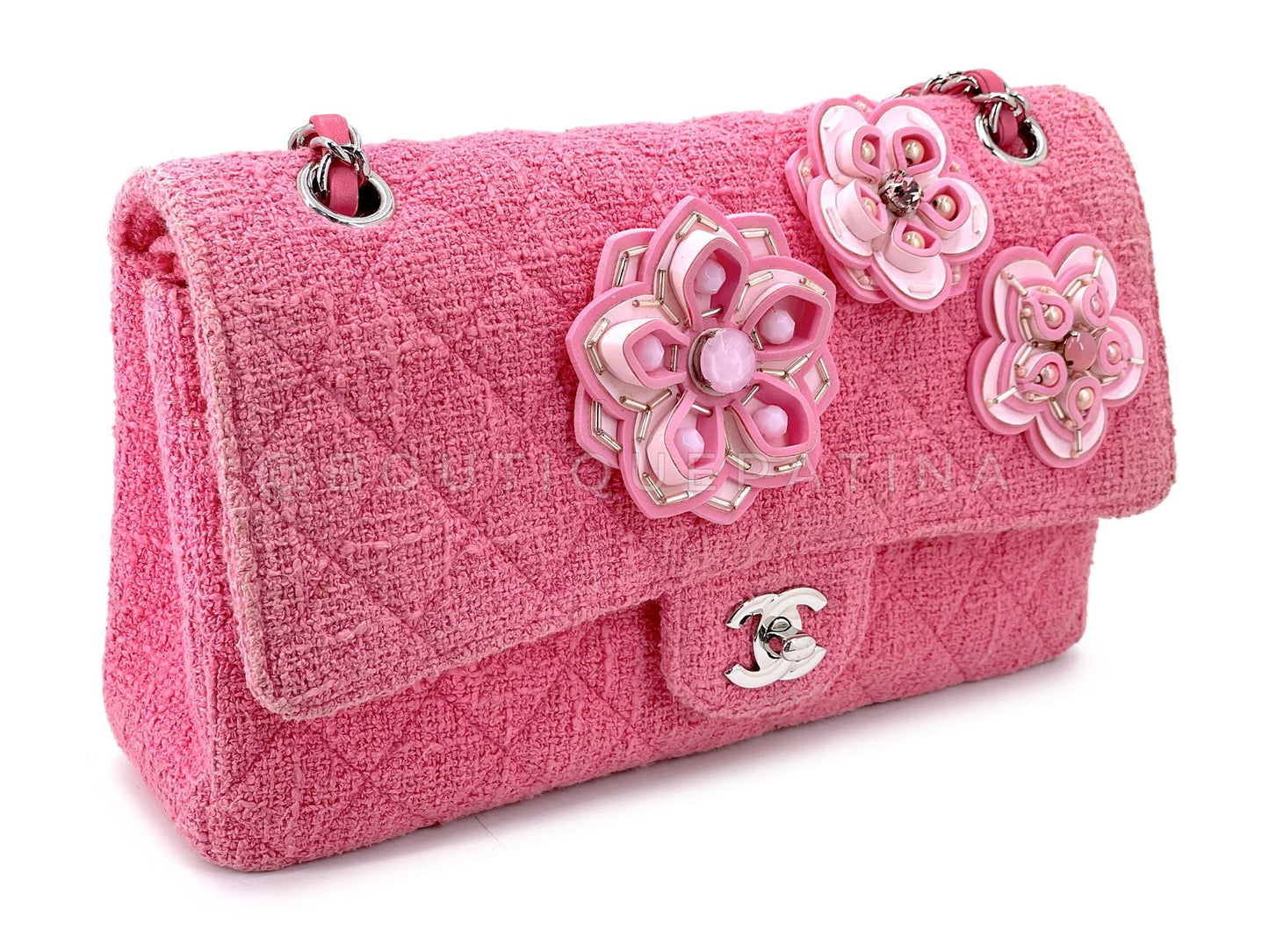 Chanel 16C Pink Tweed Crystal Sakura Flower Classic Medium Double Flap Bag Silicone SHW LPX