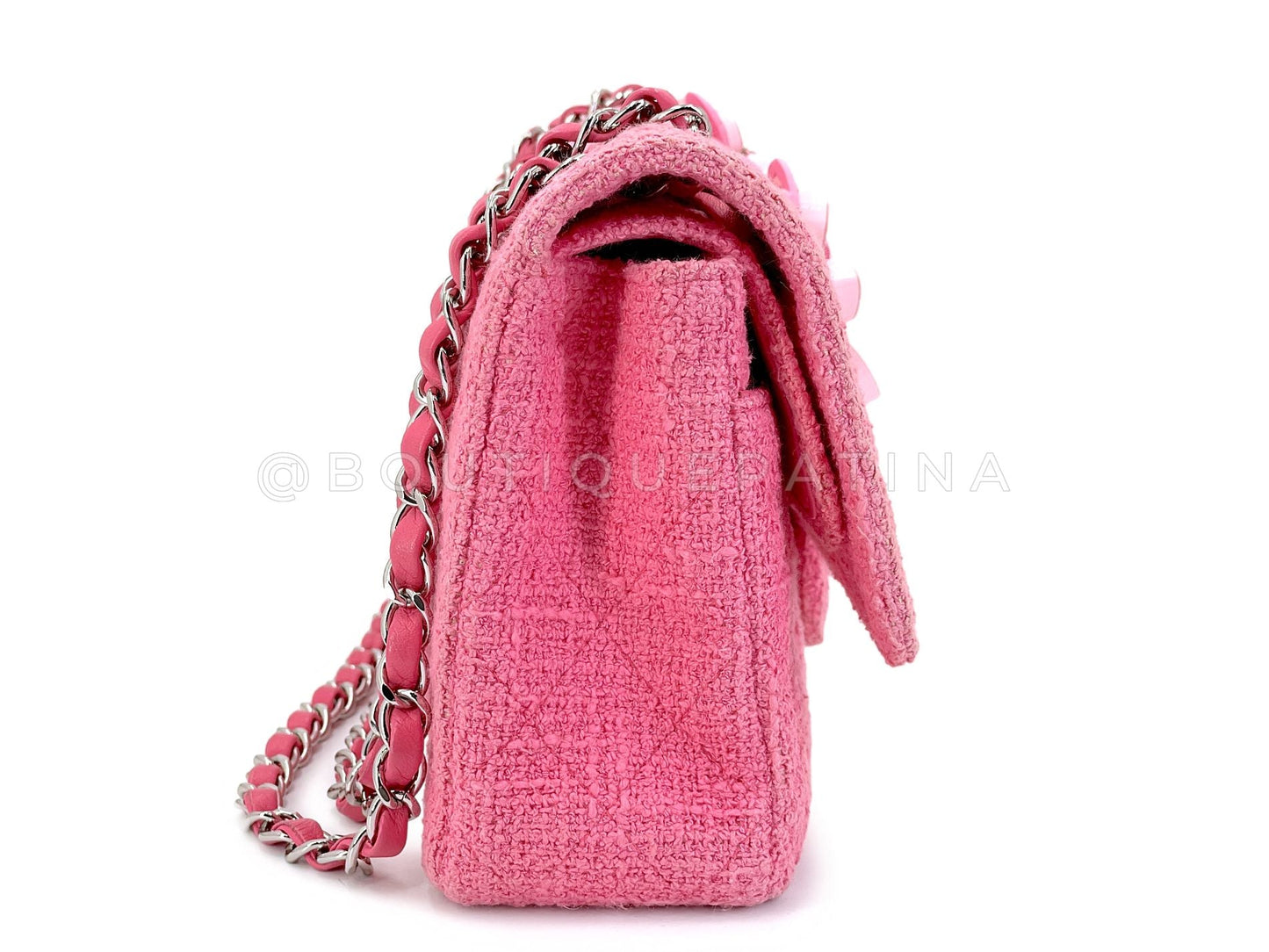 Chanel 16C Pink Tweed Crystal Sakura Flower Classic Medium Double Flap Bag Silicone SHW LPX