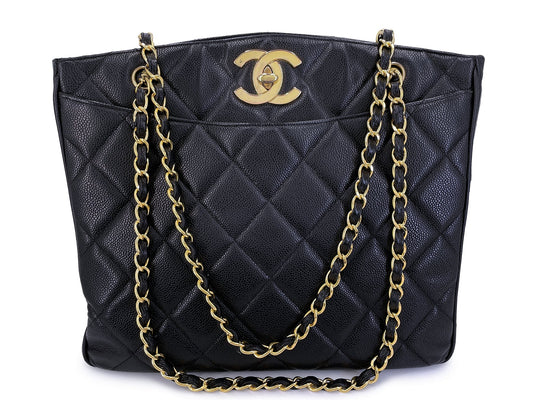 Chanel 1995 Vintage Black Caviar Large CC Timeless Shopper Tote Bag 24k GHW K1U