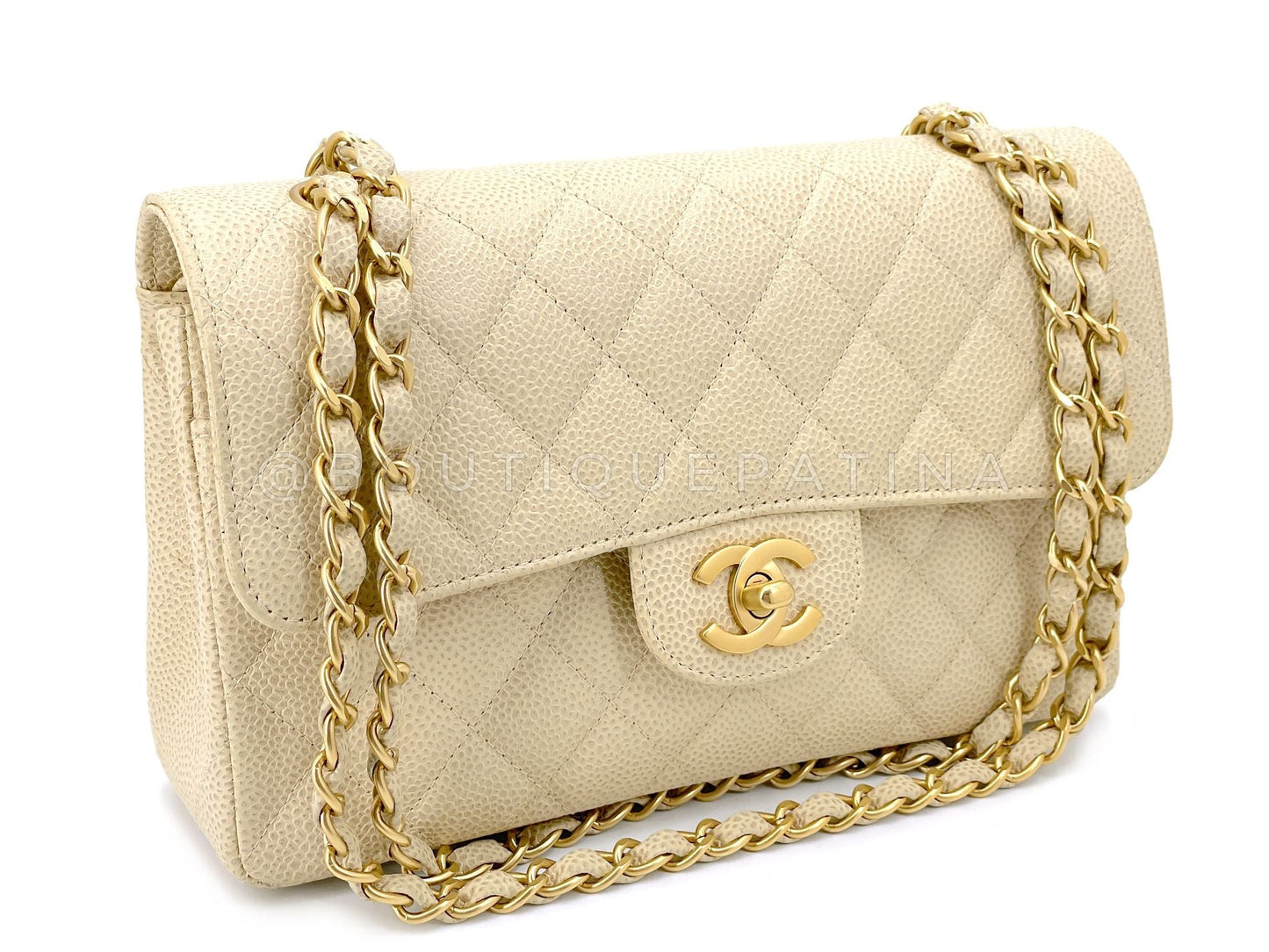 Pristine Chanel 2001 Vintage Pale Beige Speckled Caviar Small Classic Double Flap Bag Brushed 24k GHW CF4