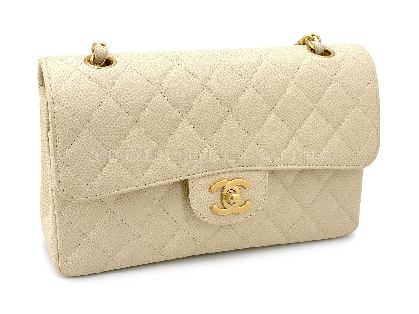 Pristine Chanel 2001 Vintage Pale Beige Speckled Caviar Small Classic Double Flap Bag Brushed 24k GHW CF4