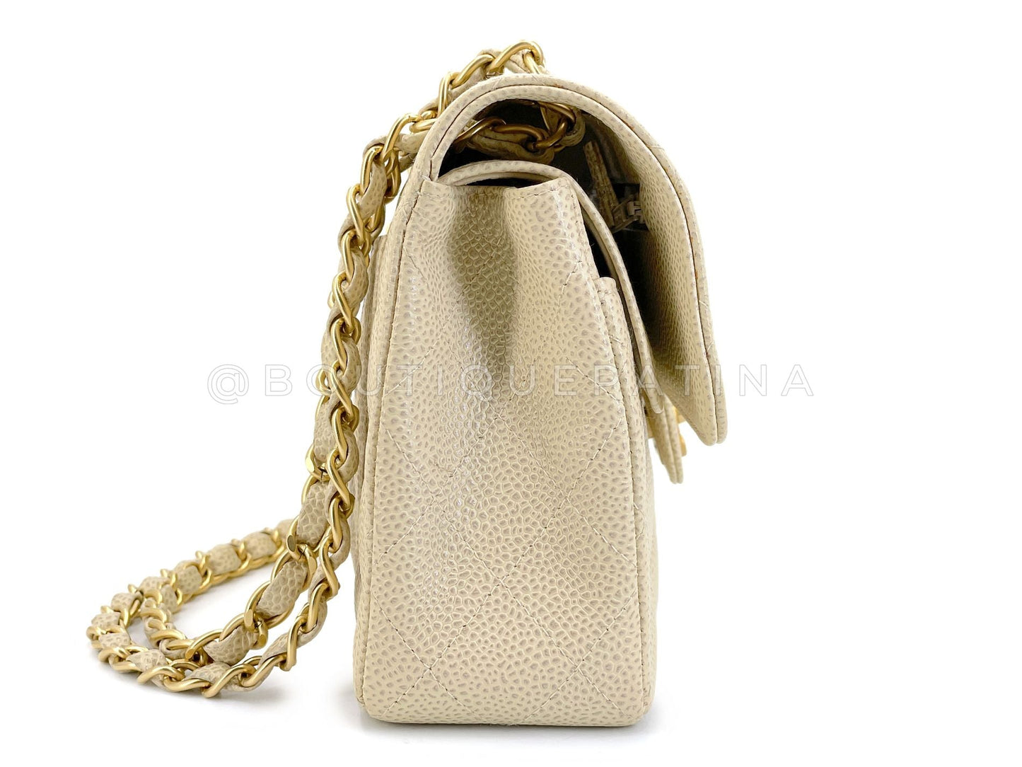 Pristine Chanel 2001 Vintage Pale Beige Speckled Caviar Small Classic Double Flap Bag Brushed 24k GHW CF4