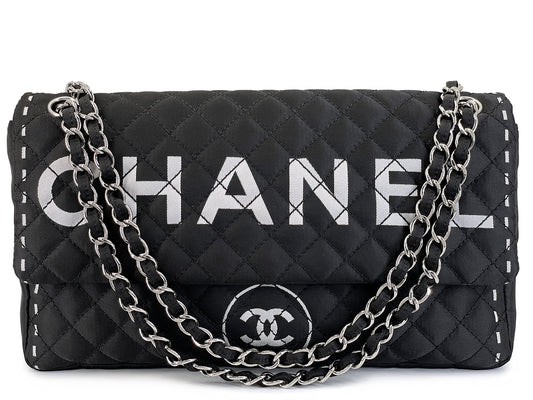 Chanel 2008 Vintage Black Logomania Logo Printed Flap Bag SHW 54Y