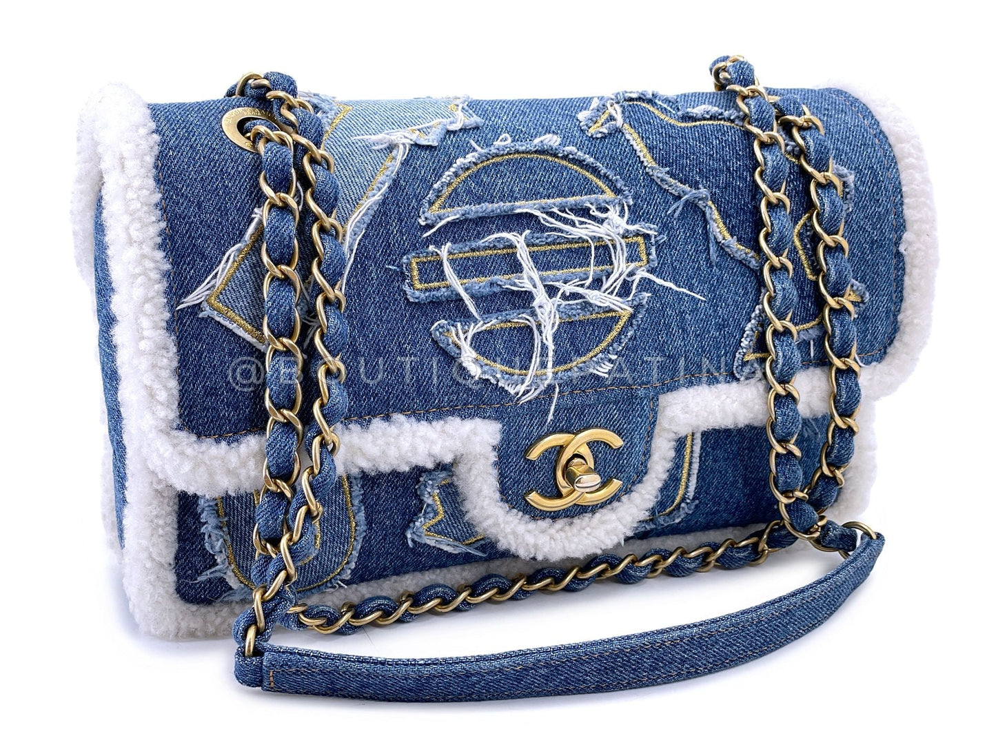Chanel 19A Egyptian Denim Blue Shearling Hieroglyphic Medium Flap Bag Paris-NY GHW 259