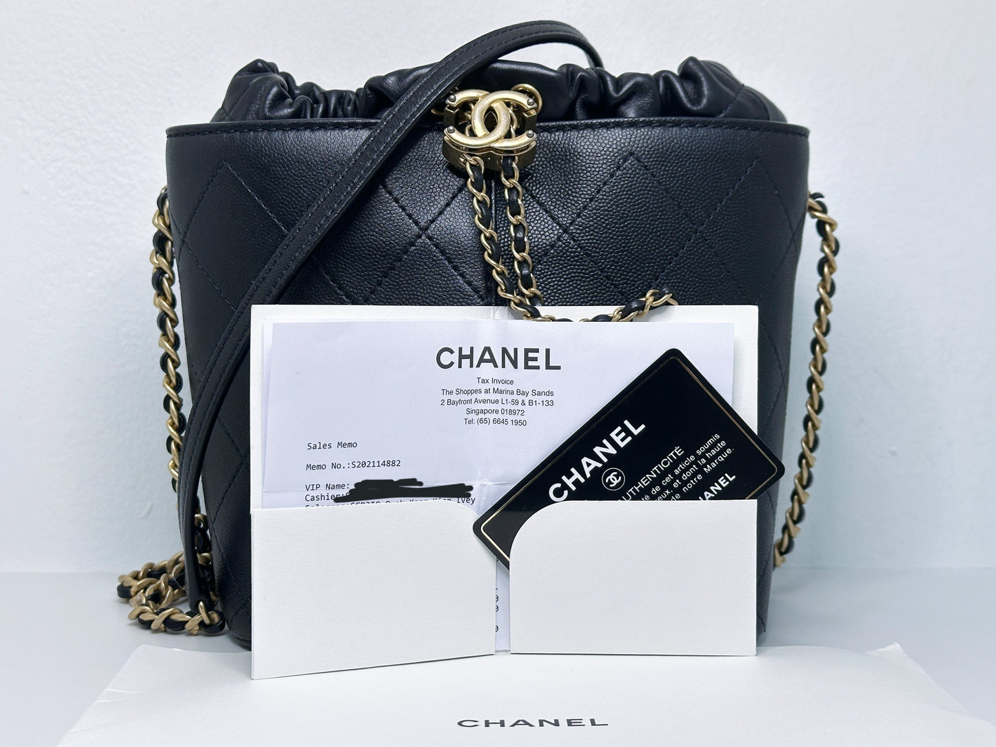 Chanel Drawstring Bucket Bag Quilted Black Caviar Aged Gold Hardware 3088 holo card