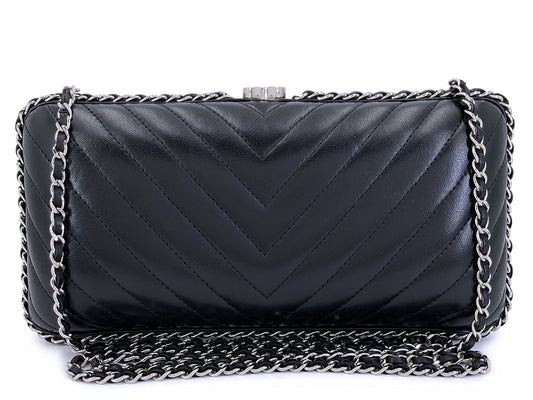 Chanel 2015 Black Chevron Hard Clutch on Chain Minaudière Evening Bag SHW JG3