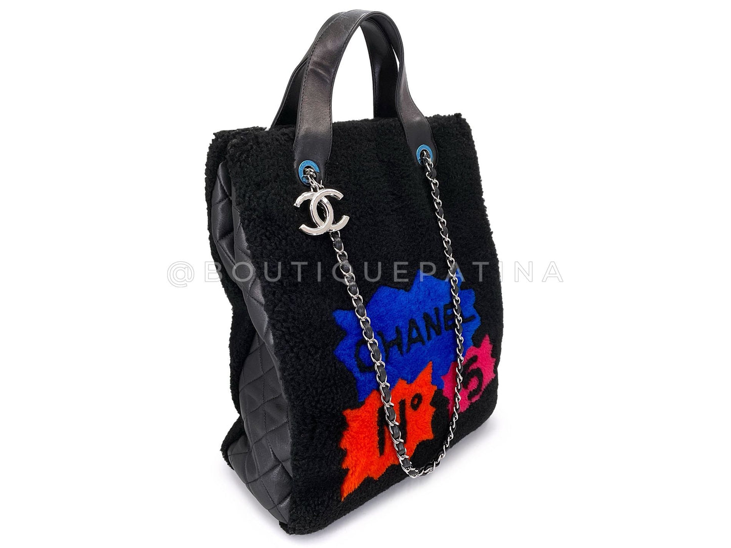 Chanel 2014 Black Supermarket Shearling NS Tote Bag SHW Comic Multicolor Black BYN