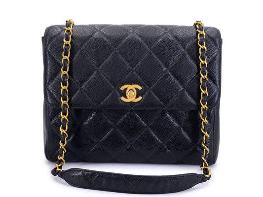 Chanel 1997 Vintage Black Caviar Square Crossbody Flap Bag 24k GHW