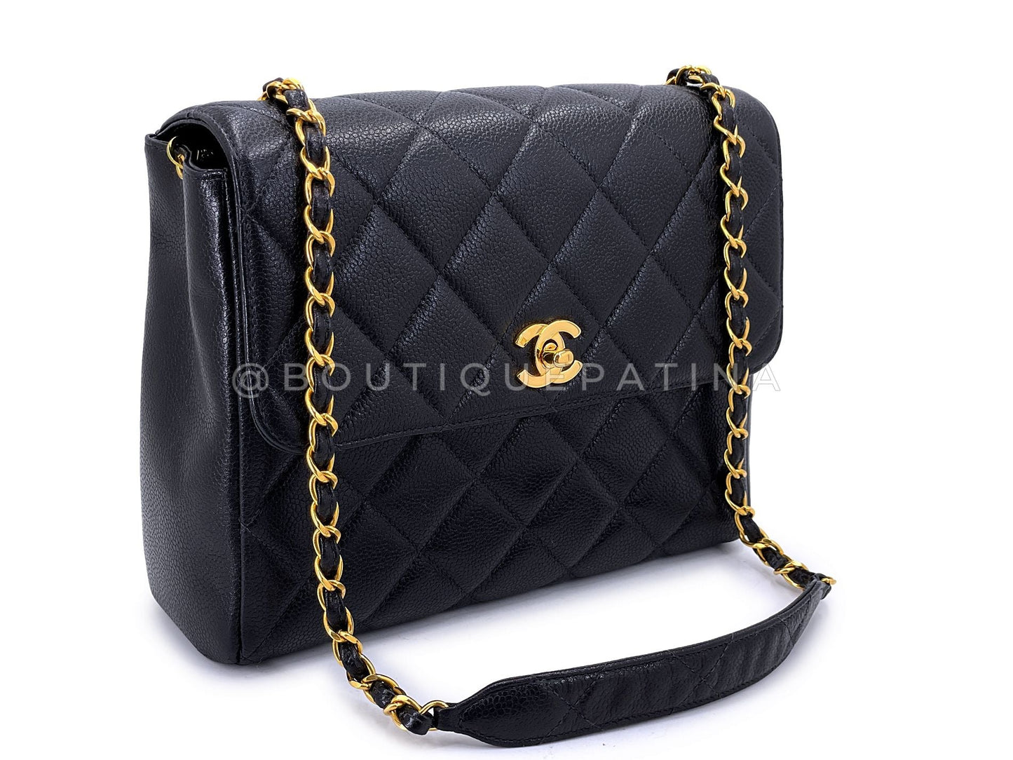 Chanel 1997 Vintage Black Caviar Square Crossbody Flap Bag 24k GHW