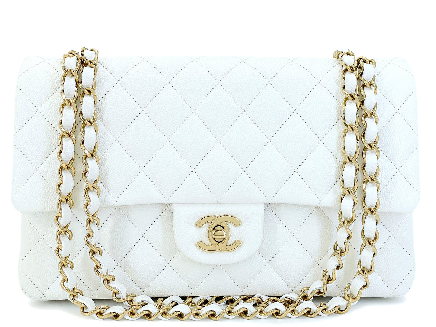 Chanel Bone Ivory White Caviar Medium Classic Double Flap Bag GHW 4OO
