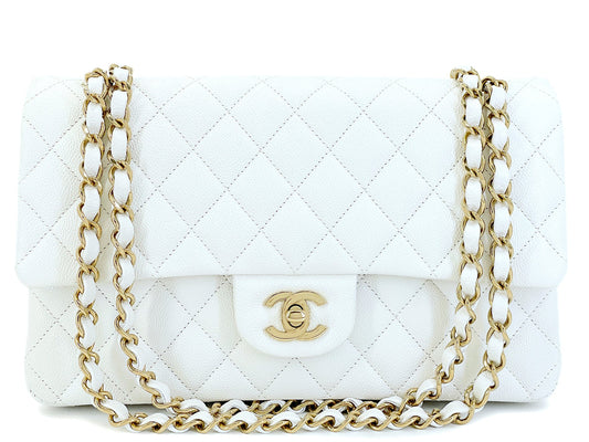 Chanel Bone Ivory White Caviar Medium Classic Double Flap Bag GHW 4OO