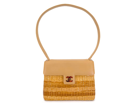 Chanel 1999 Vintage Rattan Wicker Picnic Flap Bag Beige Tortoise HW A3D