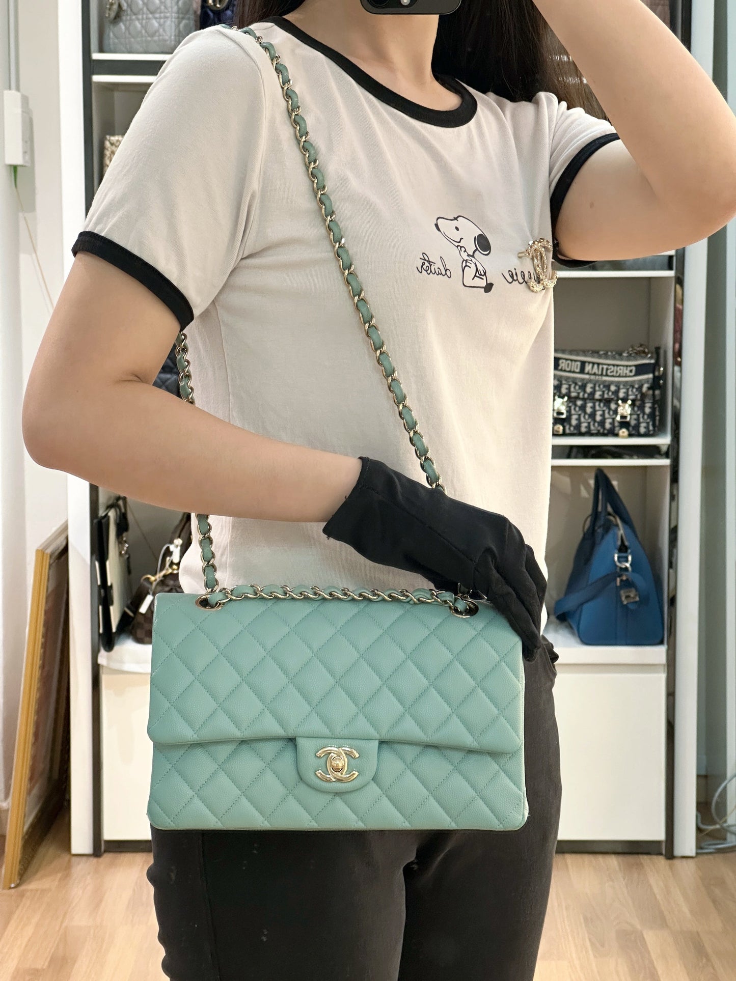 Chanel Classic Flap Medium 20C Tiffany Blue Caviar Light Gold Hardware 2943 holo card