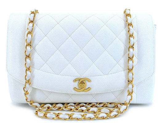 Chanel Vintage 1994 White Caviar Medium Diana Flap Bag 24k GHW 247