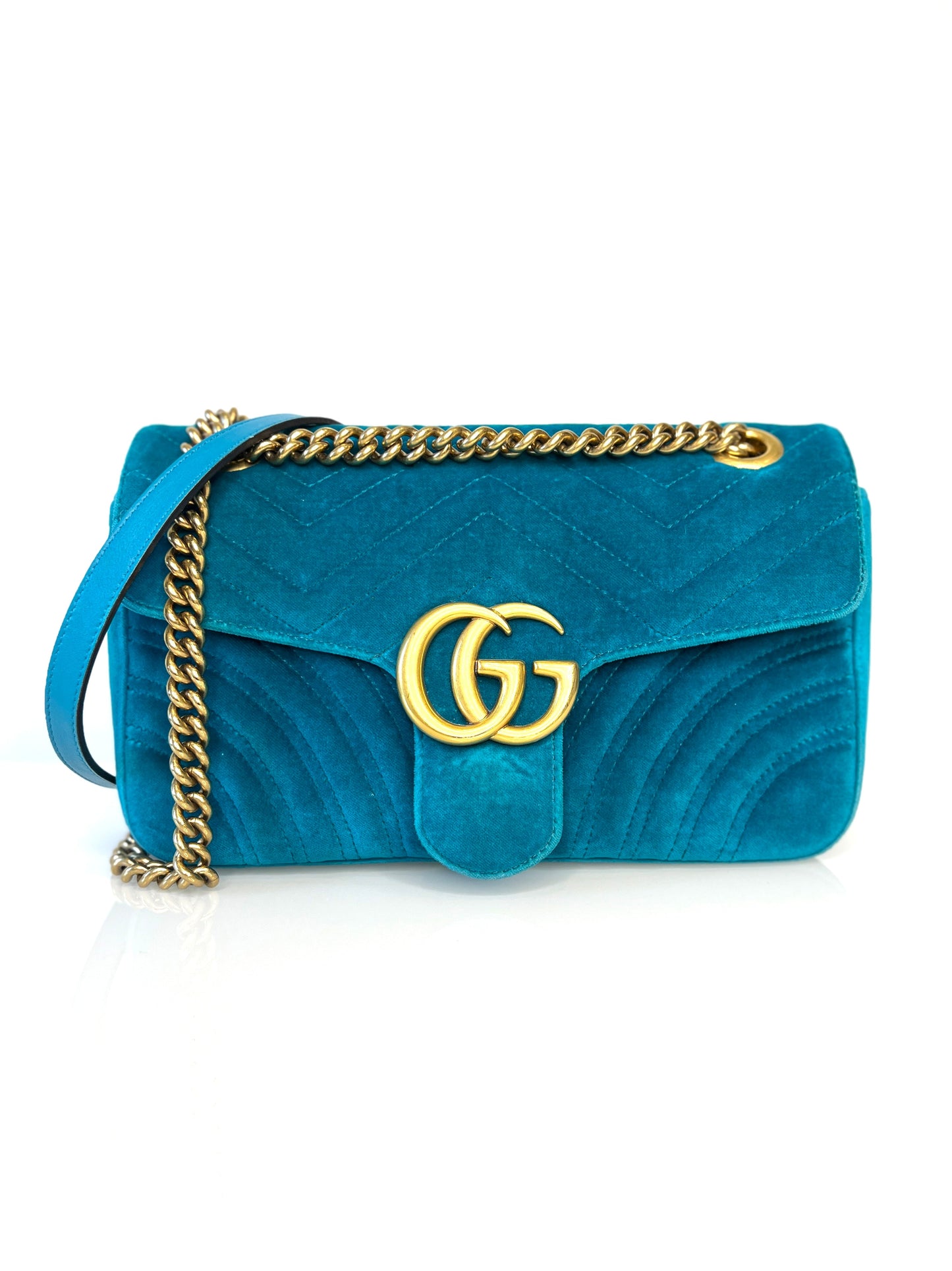 Gucci GG Marmont Small Turquoise Blue Velvet Shoulder Bag - Preloved