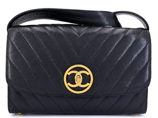 Chanel 1992 Black Vintage Chevron Caviar Encircled CC Flap Bag 24k GHW 2XV