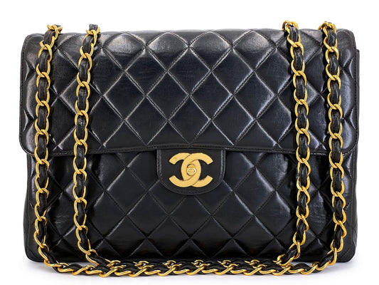 Chanel 1996 Vintage Black Jumbo Classic Flap Bag 24k GHW Lambskin GRP