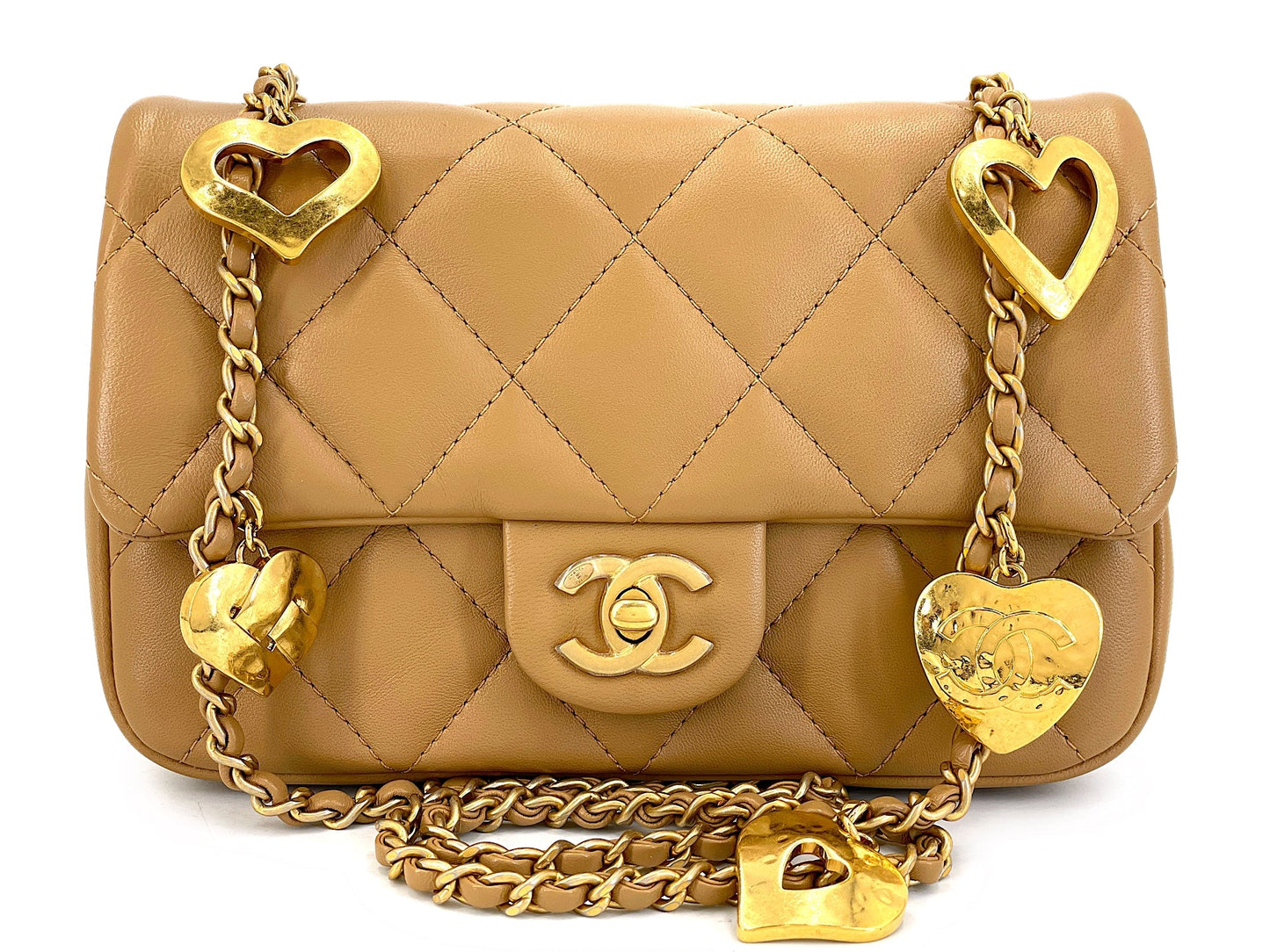 Chanel Caramel Brown Beige Heart Charms Mini Flap Bag GHW SKY