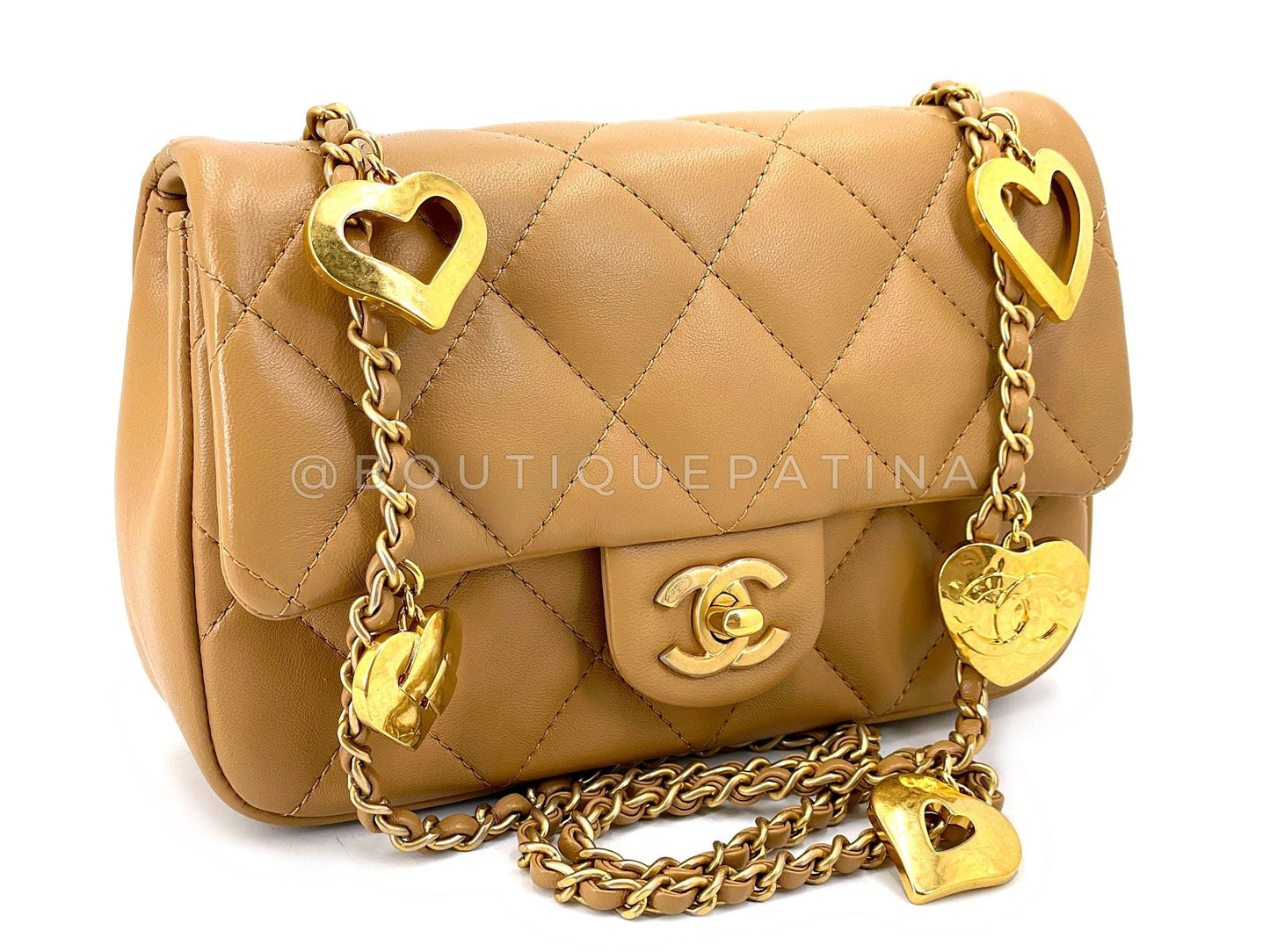 Chanel Caramel Brown Beige Heart Charms Mini Flap Bag GHW SKY
