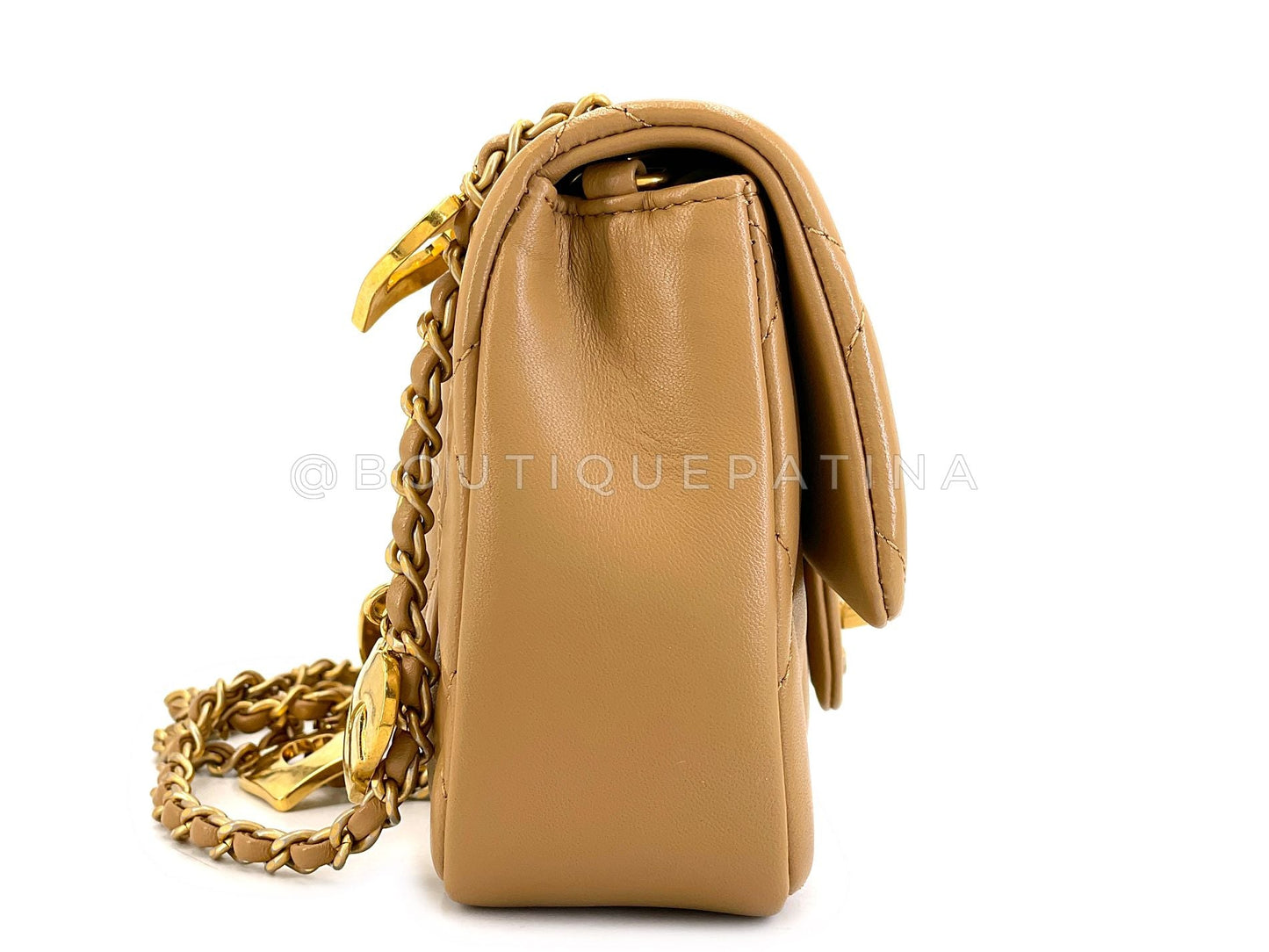 Chanel Caramel Brown Beige Heart Charms Mini Flap Bag GHW SKY