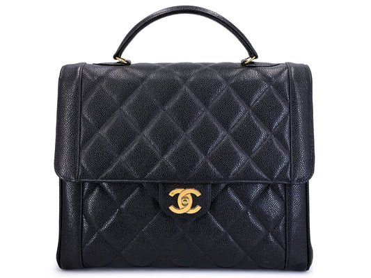 Chanel 1990 Vintage Black Caviar Mademoiselle Jumbo Kelly Bag 24k GHW HQA