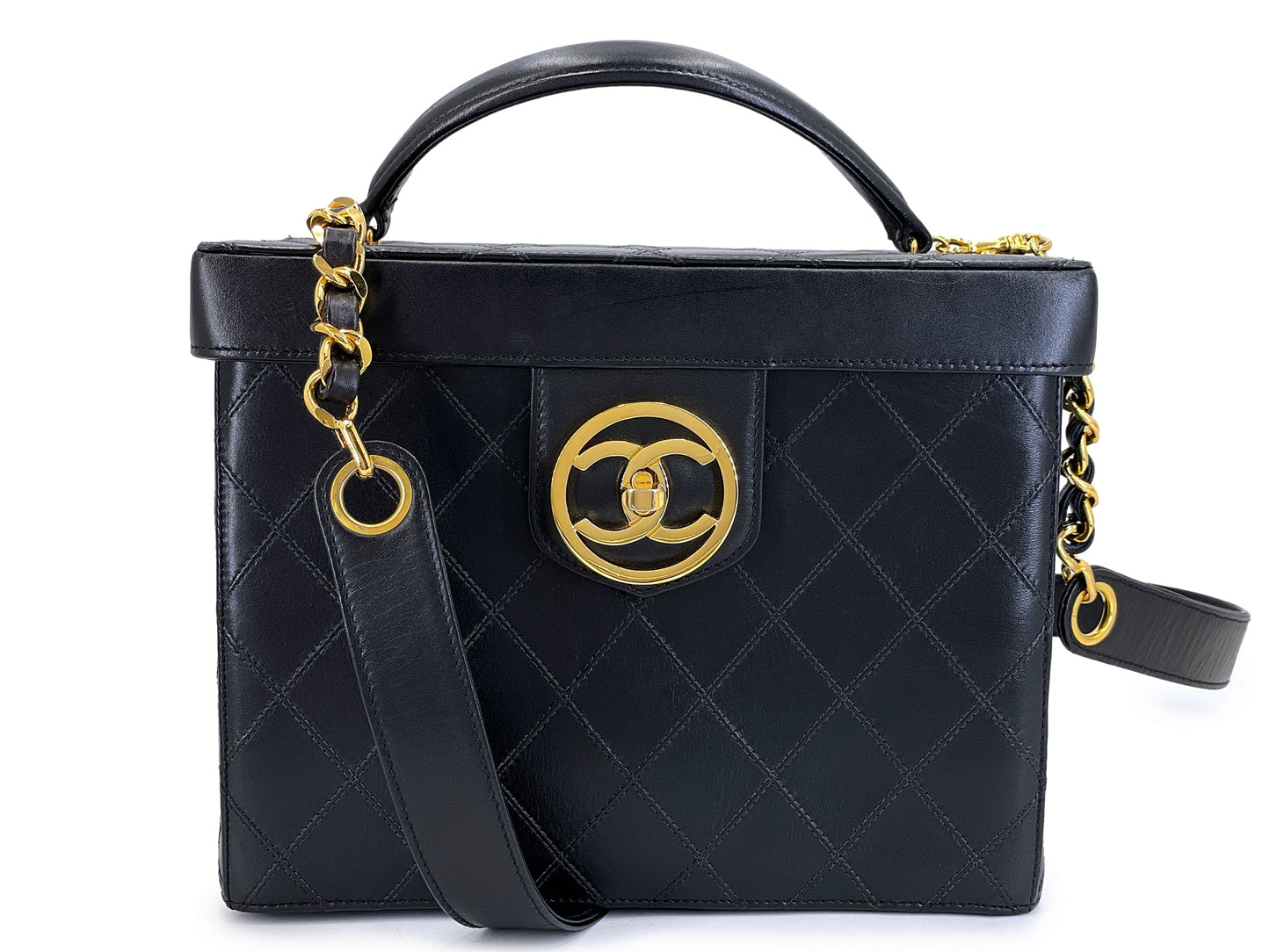 Chanel 1995 Vintage Quilted Box Vanity Case w Strap Bag 24k GHW 93P