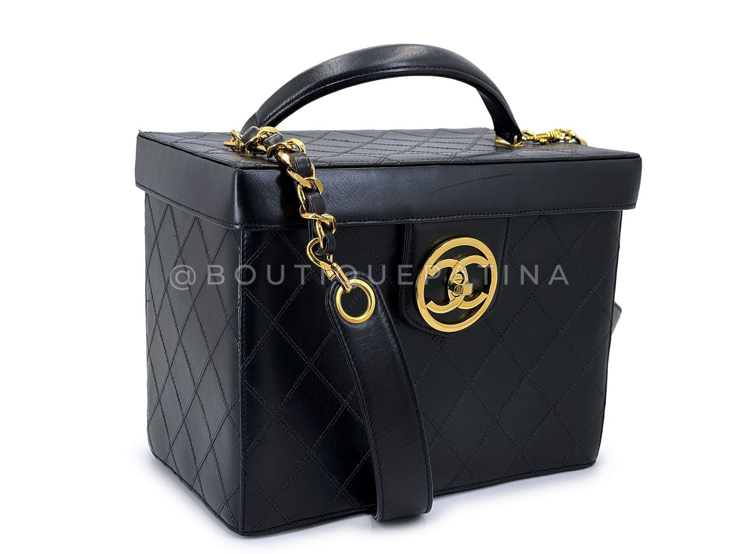 Chanel 1995 Vintage Quilted Box Vanity Case w Strap Bag 24k GHW 93P