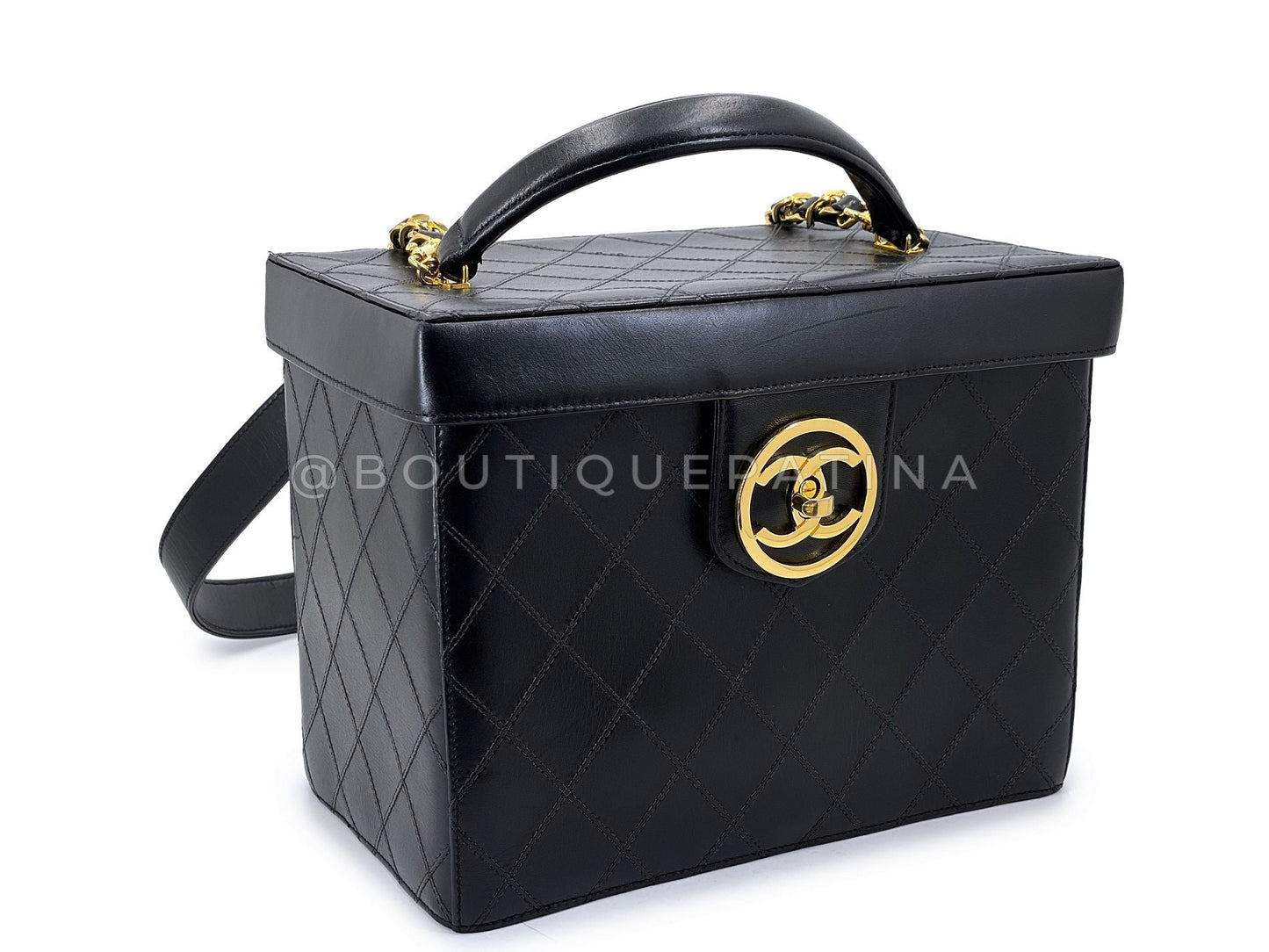 Chanel 1995 Vintage Quilted Box Vanity Case w Strap Bag 24k GHW 93P