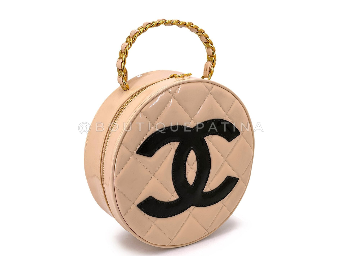 Chanel 95P Vintage "Barbie" Round Vanity Bag Beige Patent 24k GHW E0R