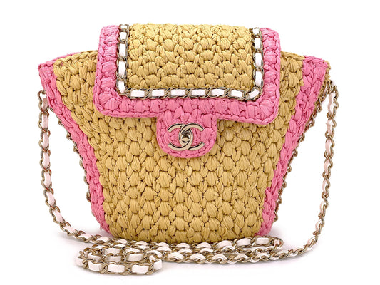 Chanel 24C Raffia Straw Pink Bucket Flap Bag GHW HXS