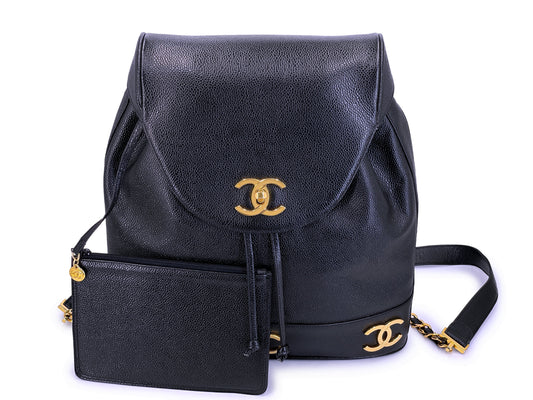 Rare Pristine Chanel 1994 Vintage Black Caviar Triple CC Large Backpack Bag 24k GHW V27