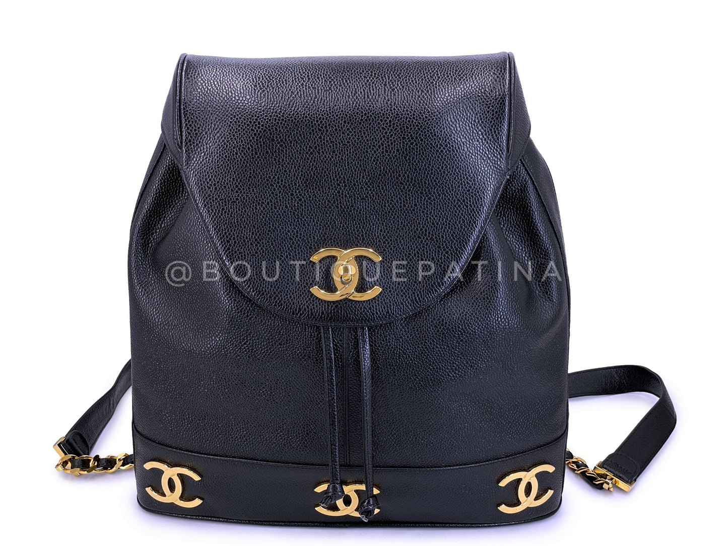 Rare Pristine Chanel 1994 Vintage Black Caviar Triple CC Large Backpack Bag 24k GHW V27