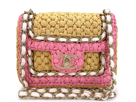 Chanel 24C Raffia Straw Pink Mini Flap Bag GHW SPU