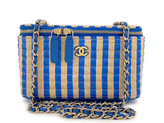 Chanel Raffia Jute Blue Striped Vanity Case Bag GHW ICT