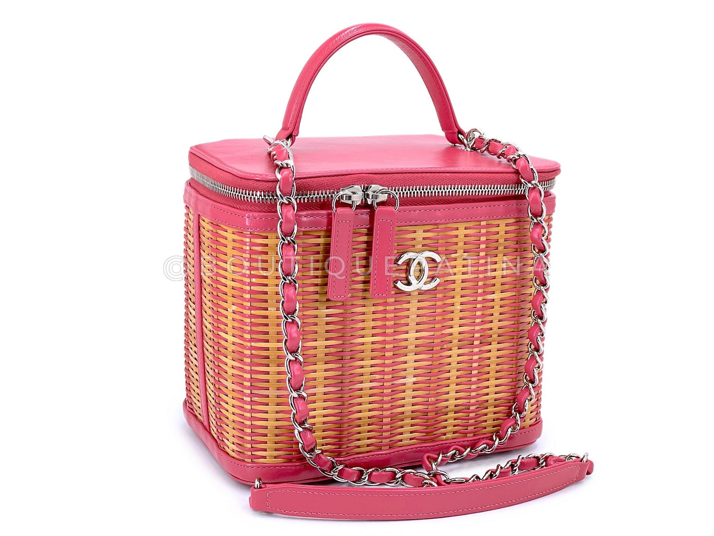 Chanel 2019 Large Rose Pink Wicker Rattan Basket Vanity Case Bag SHW 2SO