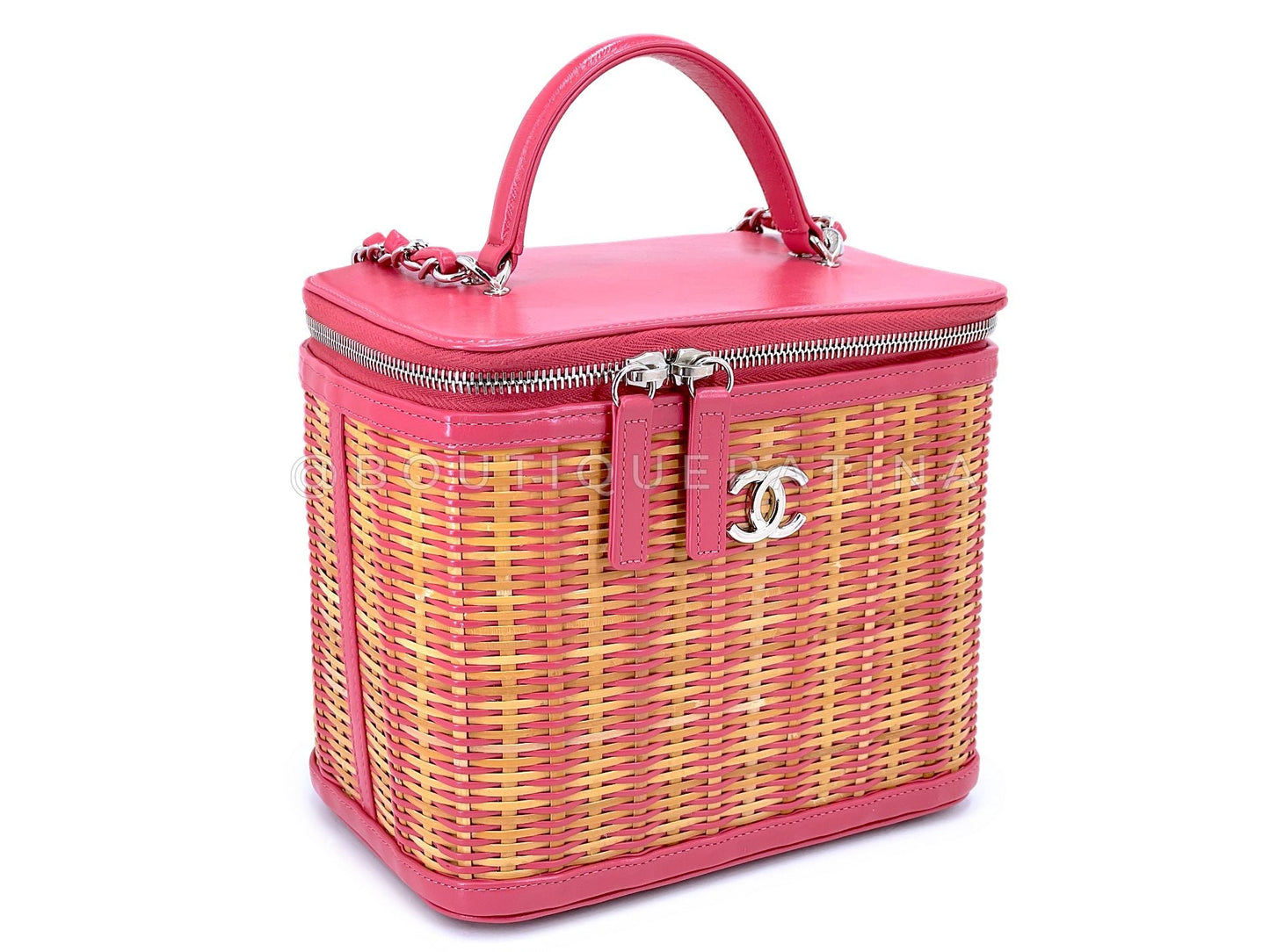 Chanel 2019 Large Rose Pink Wicker Rattan Basket Vanity Case Bag SHW 2SO