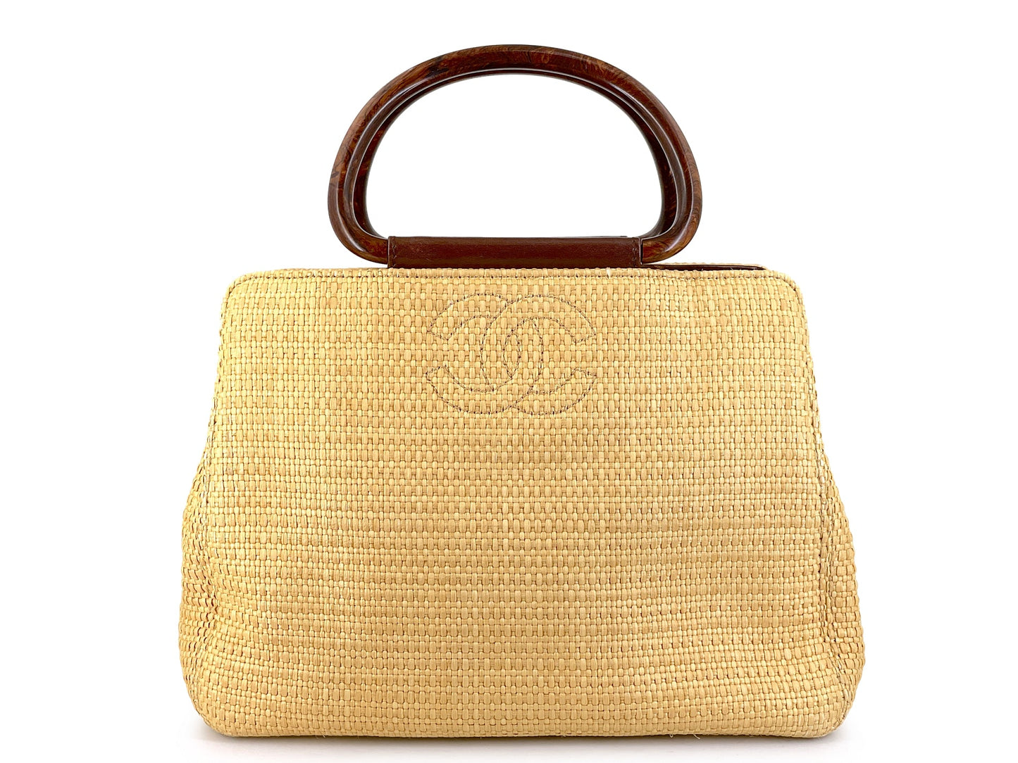 Chanel 2000 Vintage Straw Rattan Wooden Resin Handle Summer Tote Bag PLL