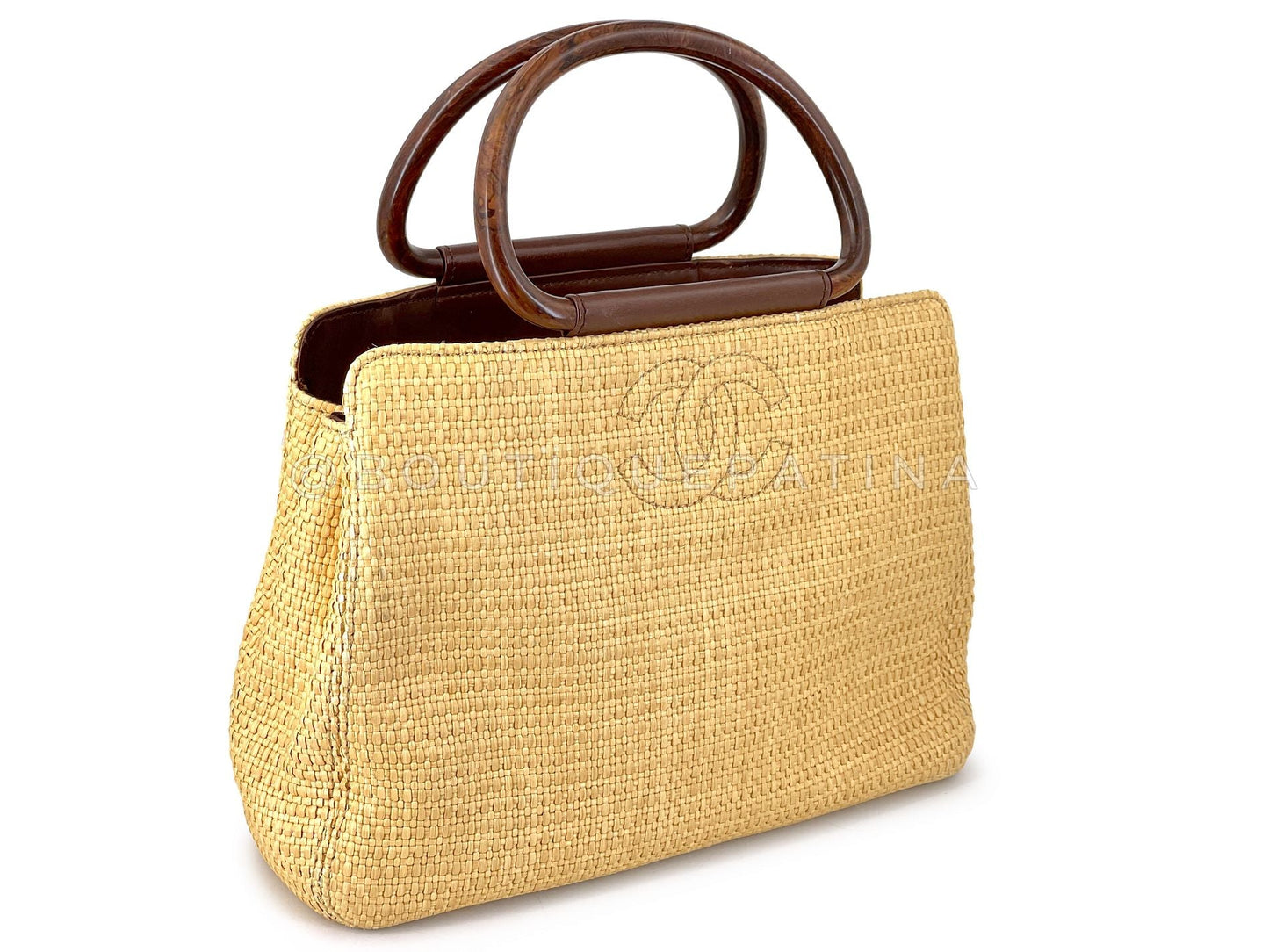 Chanel 2000 Vintage Straw Rattan Wooden Resin Handle Summer Tote Bag PLL