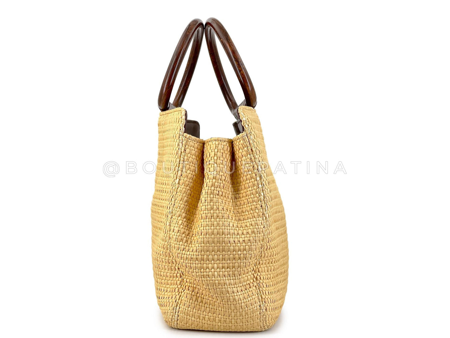 Chanel 2000 Vintage Straw Rattan Wooden Resin Handle Summer Tote Bag PLL