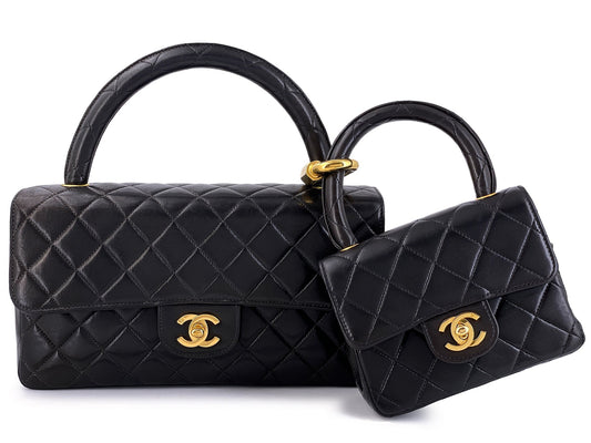 Chanel 1994 Vintage Parent Child Bag Kelly Flap Set Black 24k GHW 42F