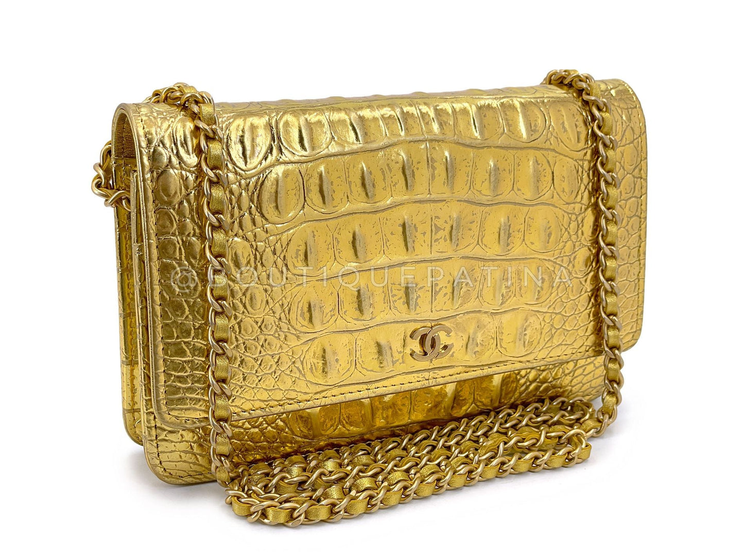 Chanel 19A Gold Egyptian Crocodile Print Wallet on Chain WOC Bag GHW 507
