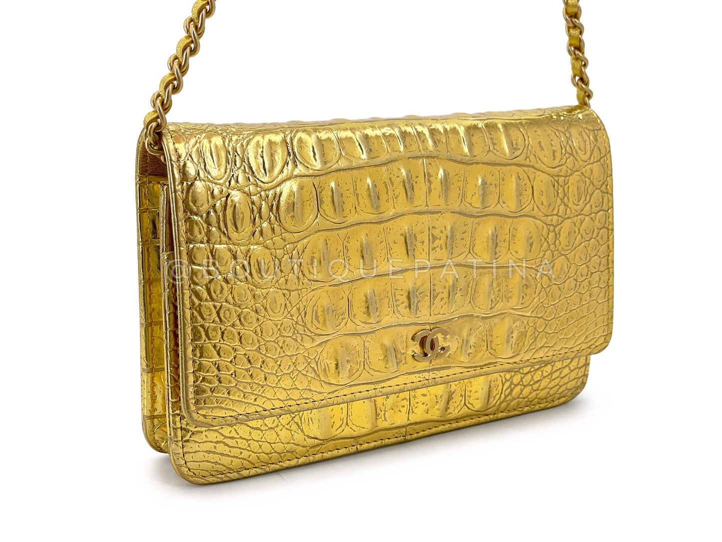 Chanel 19A Gold Egyptian Crocodile Print Wallet on Chain WOC Bag GHW 507