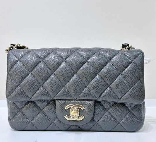 Chanel Classic Mini Rectangular 18S Dark Gray/Grey Quilted Caviar LGHW