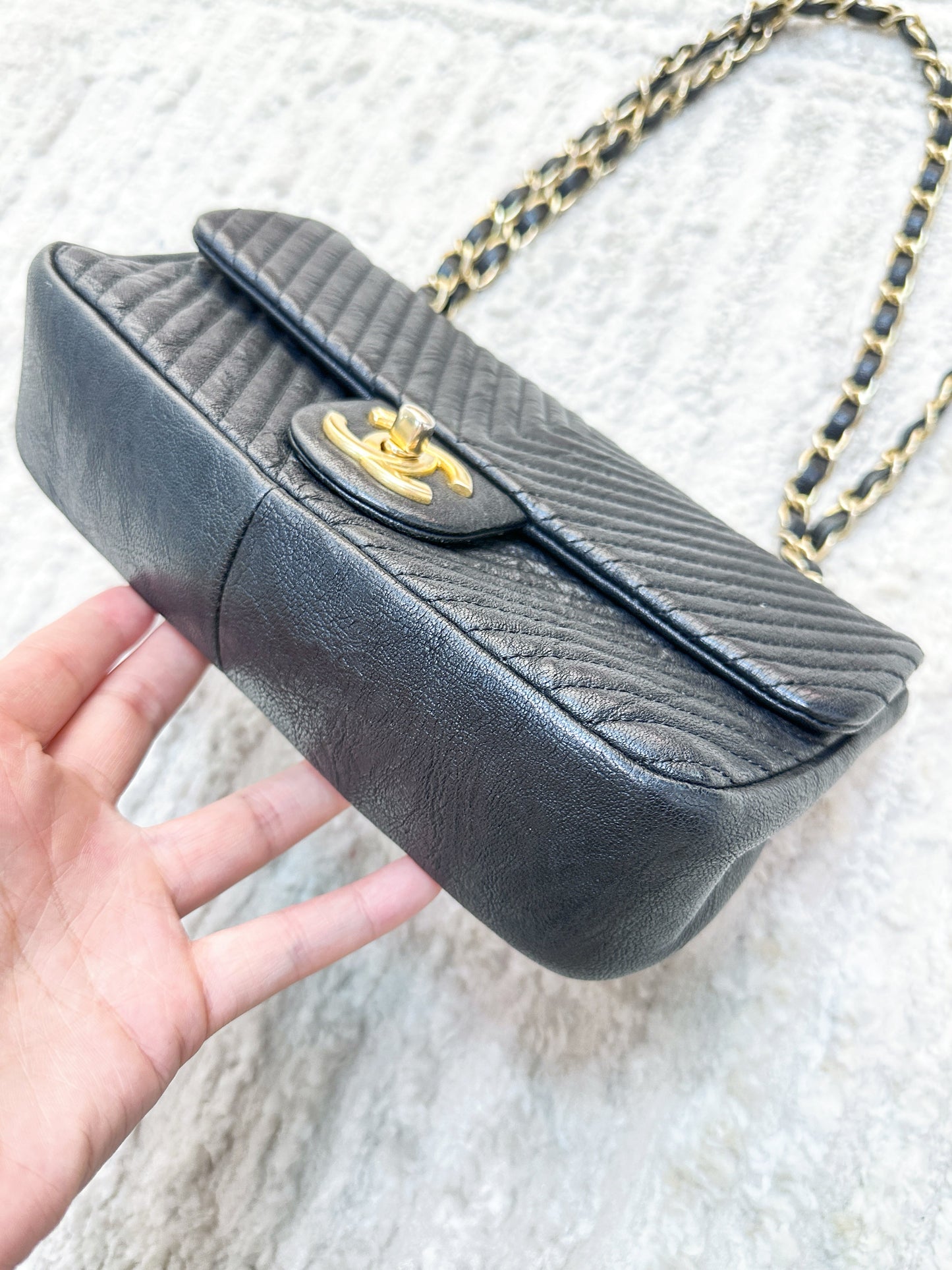 Chanel Black Chevron Leather Small Classic Flap Bag